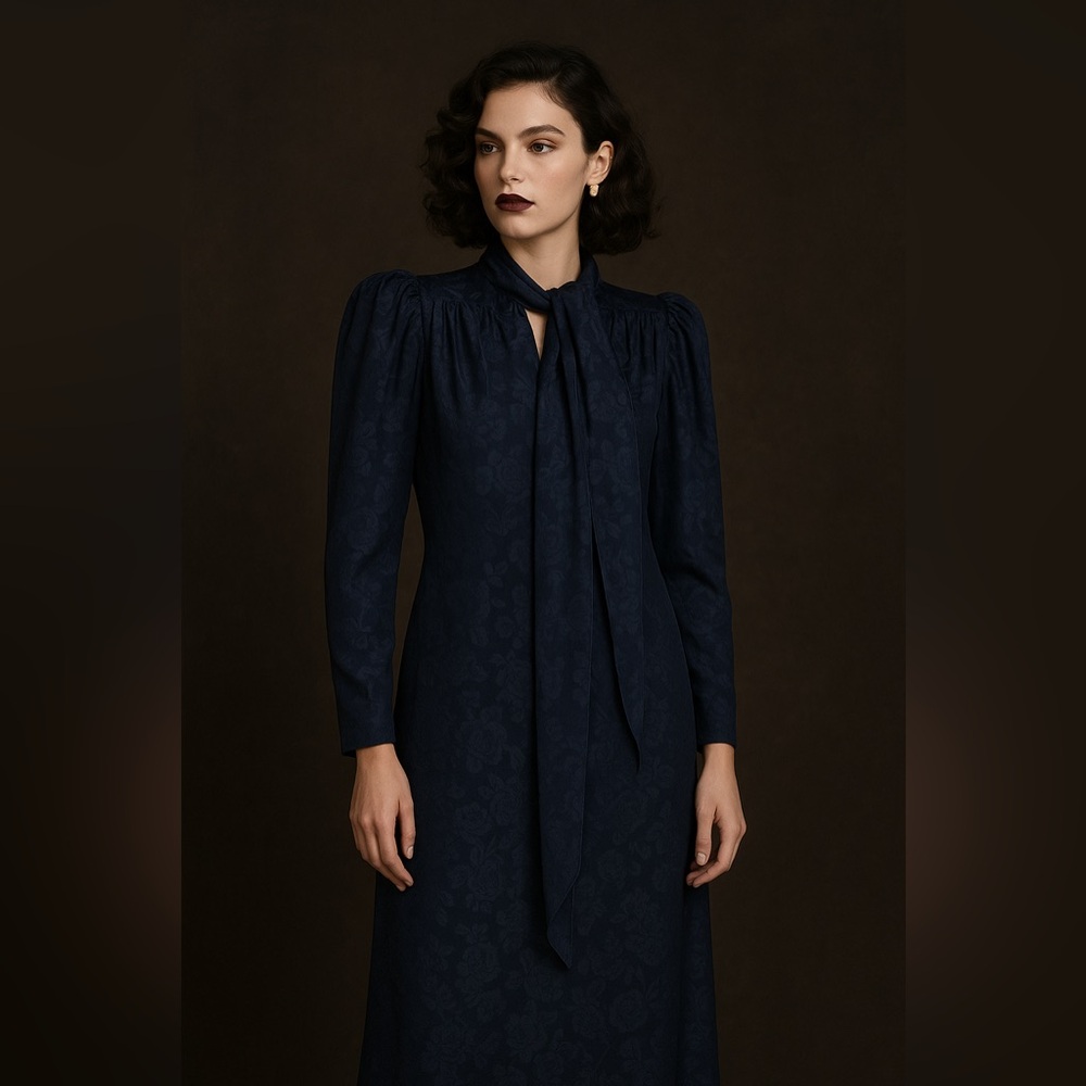 Mollie Parnis Vintage Navy Floral Jacquard Maxi Dress XL Goth Cottagecore 80s